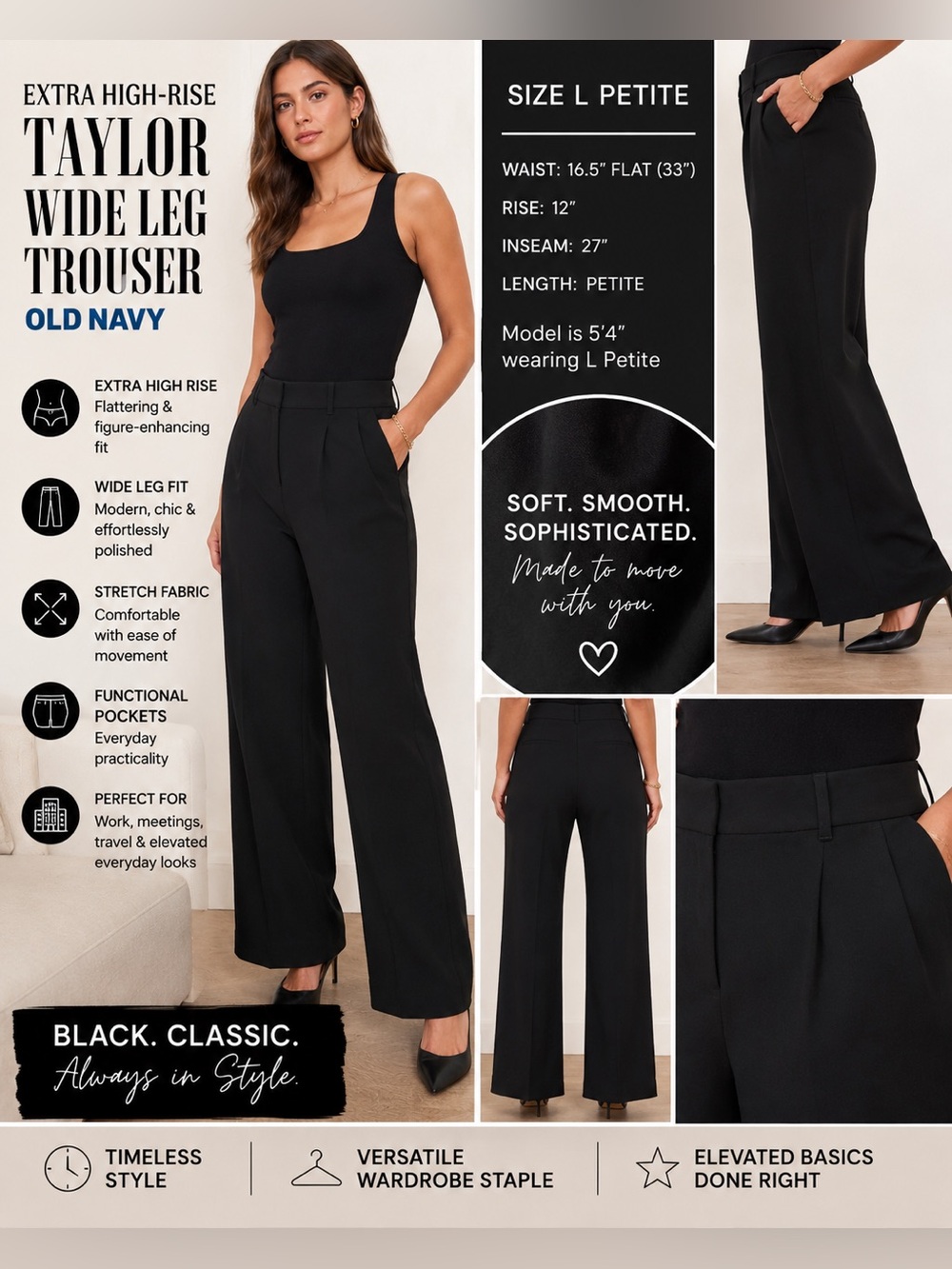 Old Navy Extra High-Rise Taylor Wide Leg Trouser Pants Black L Petite